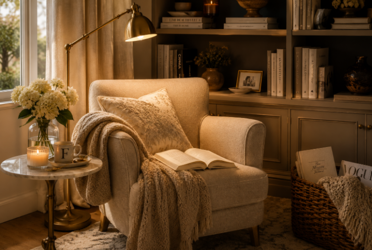Elegant cozy reading corner at home with armchair, floor lamp, books and soft throw