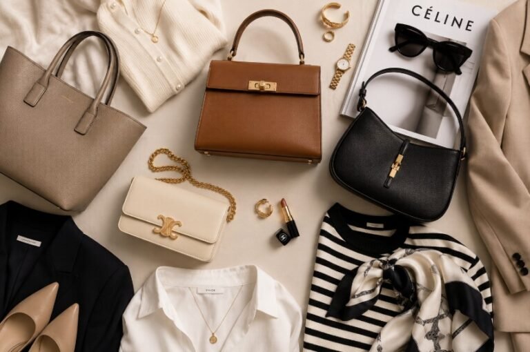 Elegant handbags styled with different outfits and fashion accessories