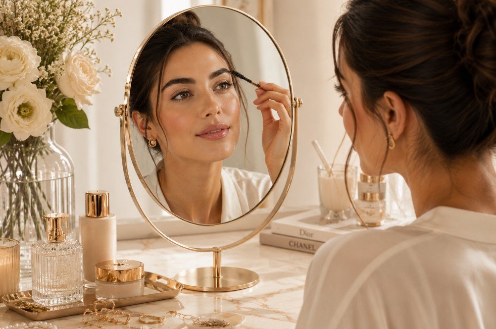 Elegant woman with polished natural makeup and refined beauty look