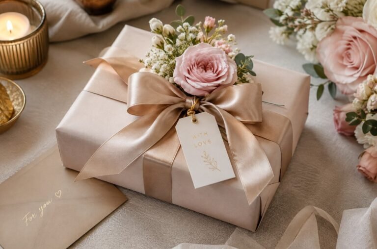 Elegant gift beautifully wrapped with ribbon and flowers