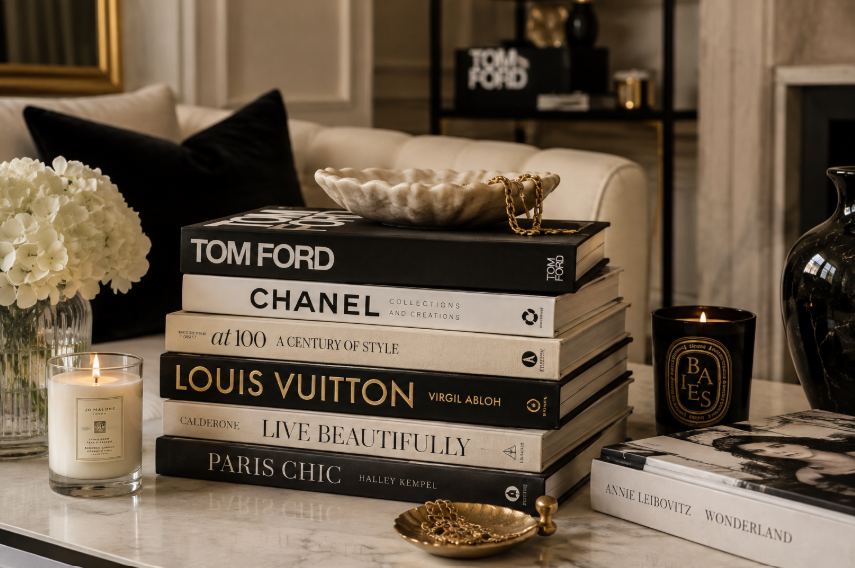 Beautiful coffee table books styled in an elegant luxury home