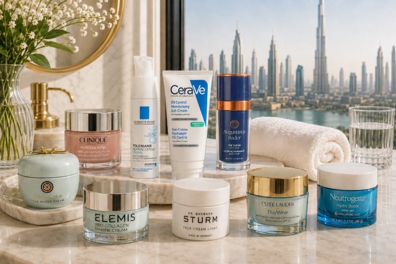 Luxury skincare scene featuring lightweight moisturizers for Dubai weather