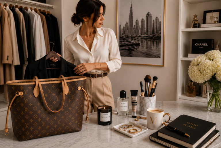 Elegant woman preparing a chic back-to-work outfit with a laptop bag and beauty essentials