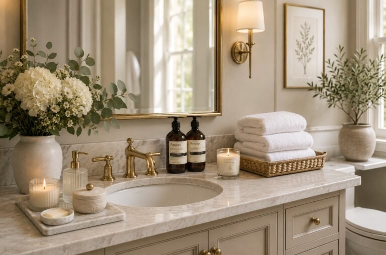 Elegant guest bathroom with fresh flowers, folded towels and refined bathroom accessories