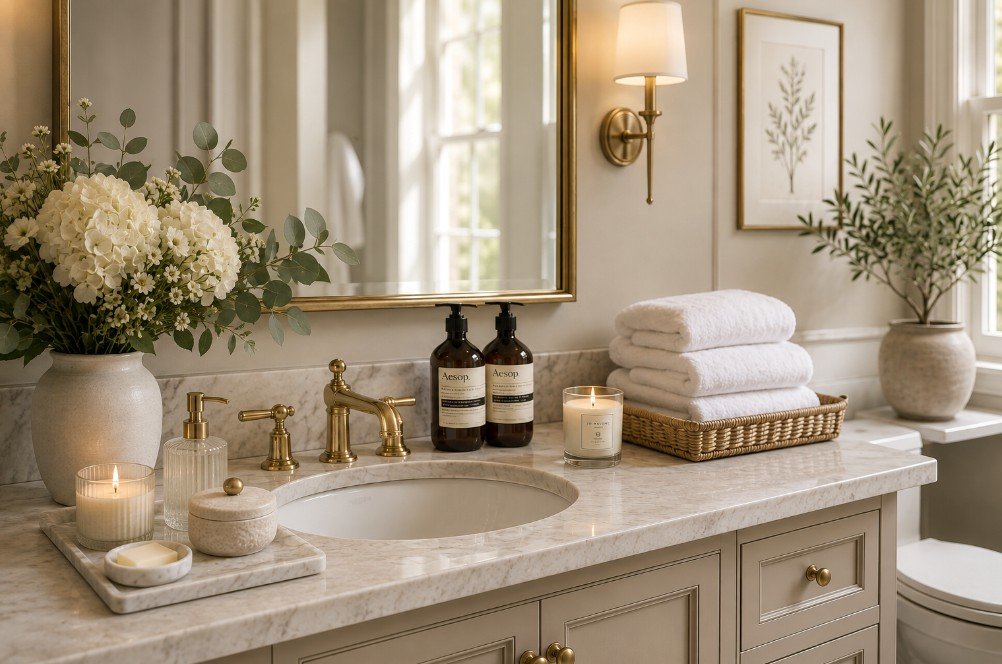 Elegant guest bathroom with fresh flowers, folded towels and refined bathroom accessories
