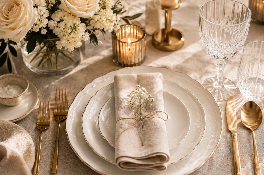 Elegant dining table styled with white dinnerware, linen napkins, crystal glasses, candles and fresh flowers in a luxury editorial setting.