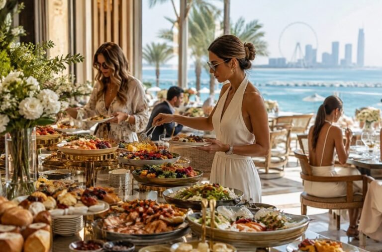 Luxury brunch setting in Dubai with an elegant table overlooking the city