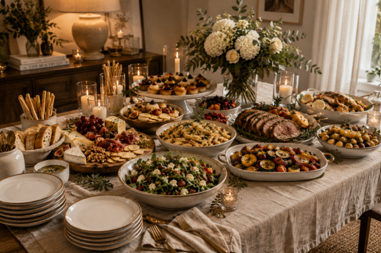 Elegant dinner buffet with pasta, charcuterie, vegetables and individual pastries