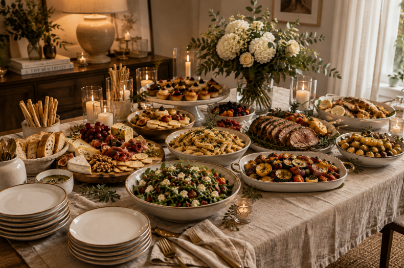 Elegant dinner buffet with pasta, charcuterie, vegetables and individual pastries