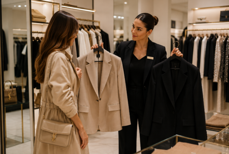 Elegant woman choosing an outfit while learning how to dress for her body shape