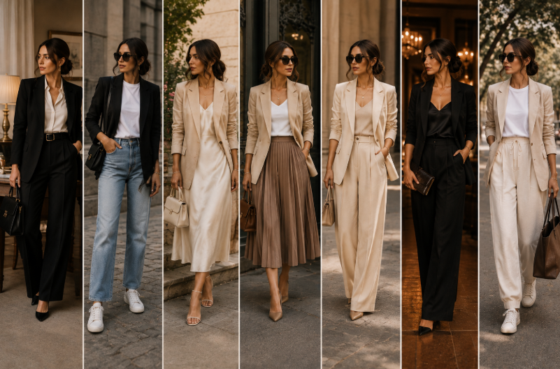 Woman styling a blazer with different outfit options for seven looks