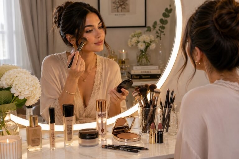 Elegant woman applying humidity-proof makeup in a sophisticated neutral-toned setting