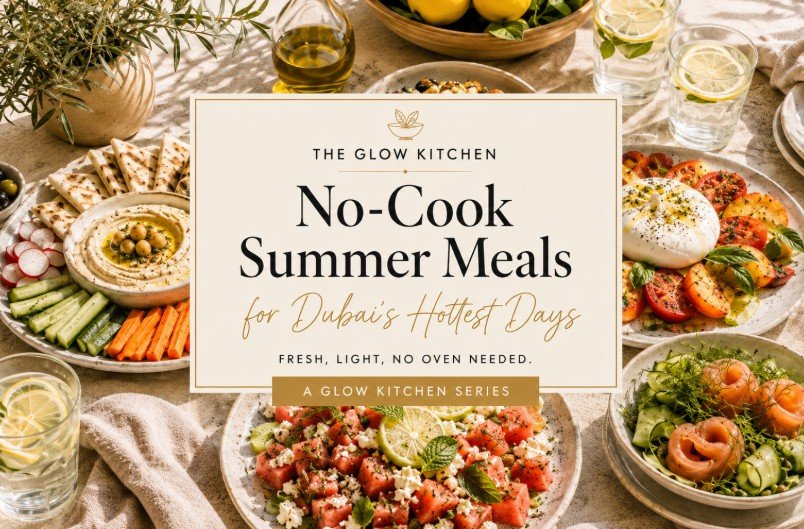 Elegant Mediterranean no-cook summer meal with fresh vegetables, burrata, watermelon, hummus and seasonal ingredients on a beautifully styled dining table.