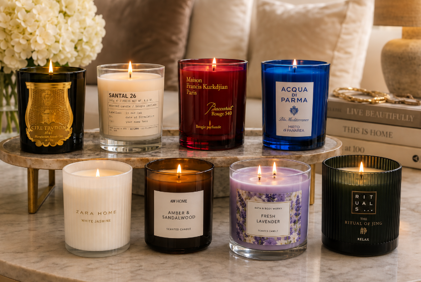 Elegant scented candles styled in a sophisticated home interior