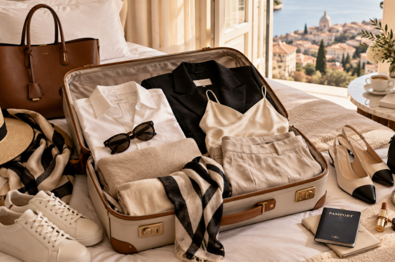 Chic travel capsule wardrobe with neutral clothing, shoes and accessories packed for a stylish long weekend