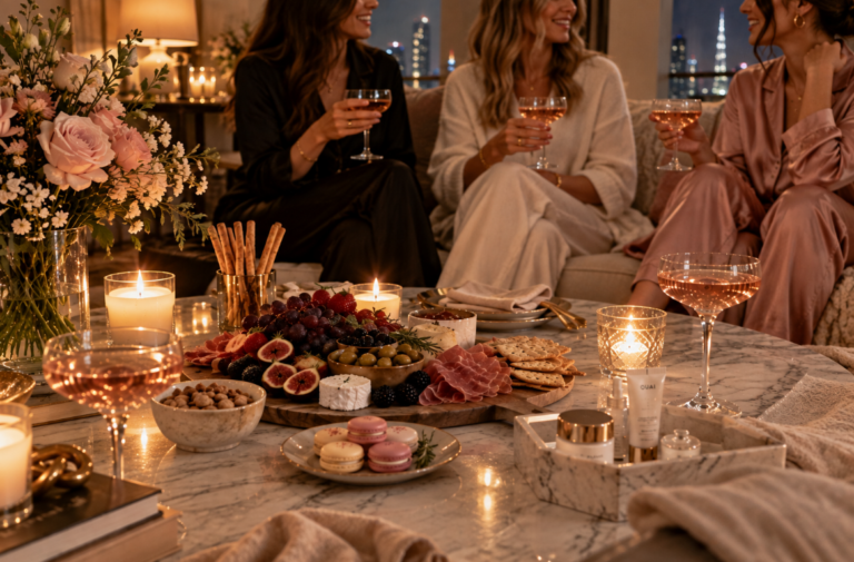 Beautiful girls' night in at home with elegant table setting, drinks, flowers and candles