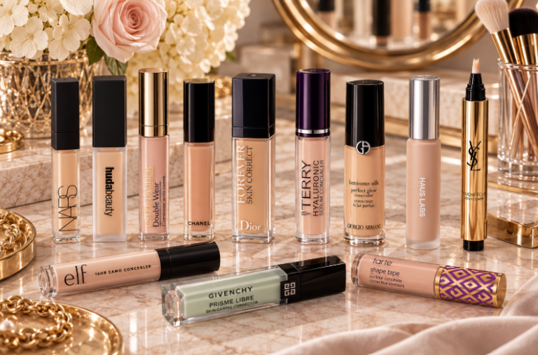 Luxury concealers from Huda Beauty, NARS, Dior, Chanel and other beauty brands arranged on a marble vanity