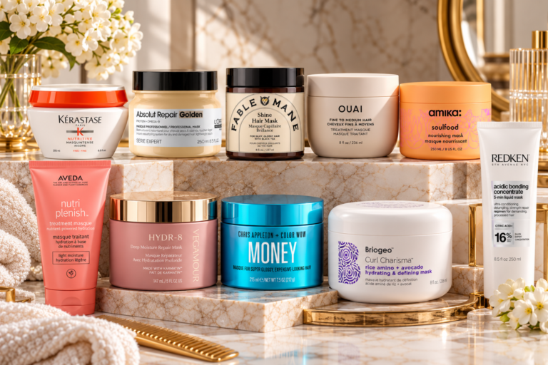 Hair masks for dry, damaged and dull-looking hair arranged in an elegant beauty editorial composition.