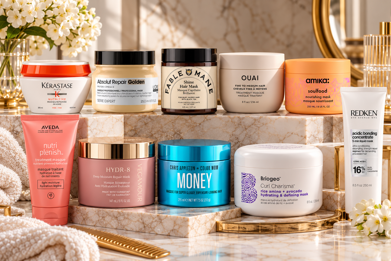 Hair masks for dry, damaged and dull-looking hair arranged in an elegant beauty editorial composition.