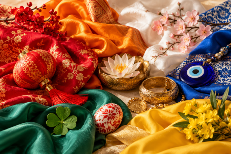 Luxury still life featuring colourful fabrics and cultural symbols representing lucky colours around the world
