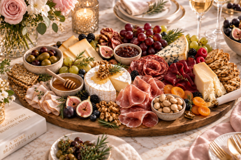 Luxury charcuterie board styled with cheeses, cured meats, fruit and elegant accompaniments