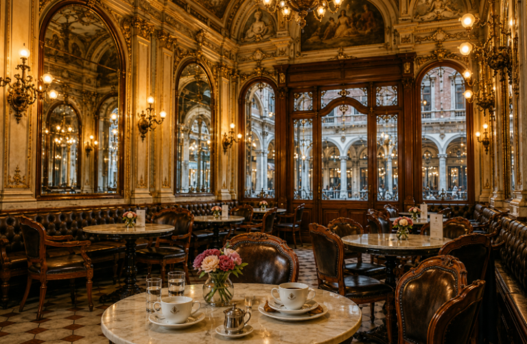 Elegant historic café interior with ornate architecture and refined tables