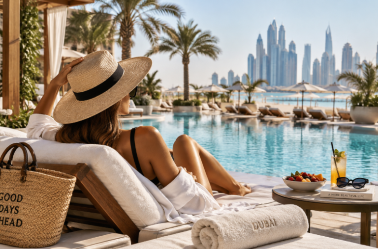 Elegant woman relaxing by a luxury pool in Dubai on a sunny day