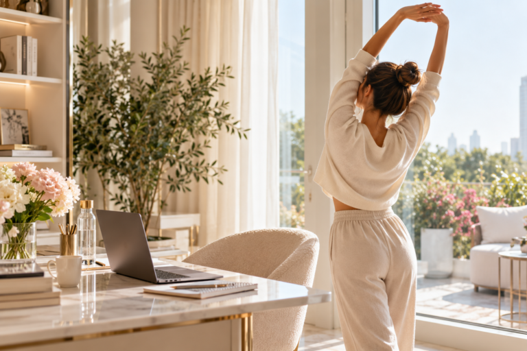 Woman stretching beside her desk in a bright, elegant home office