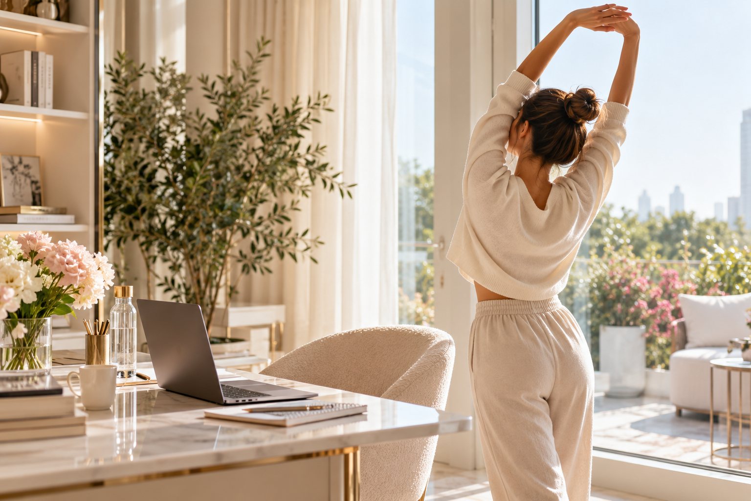 Woman stretching beside her desk in a bright, elegant home office