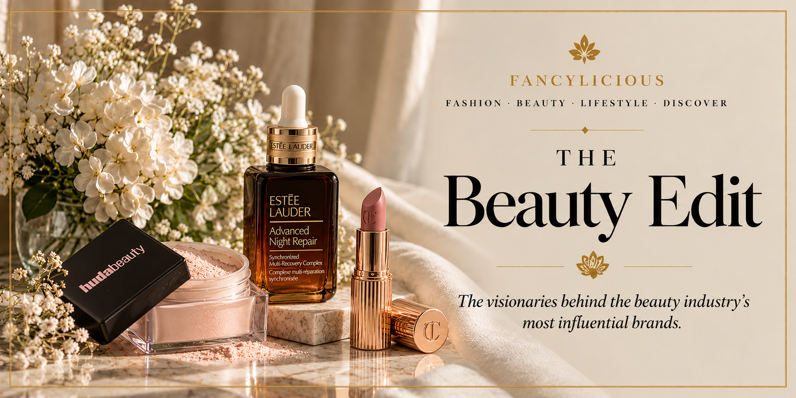 The Beauty Edit — luxury beauty products in a cream and gold editorial setting
