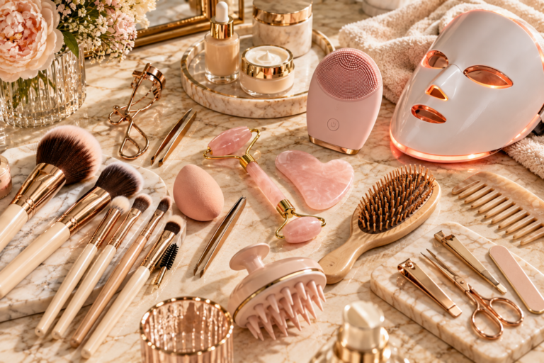 Luxury beauty tools including makeup brushes, facial roller, LED mask and cleansing brush
