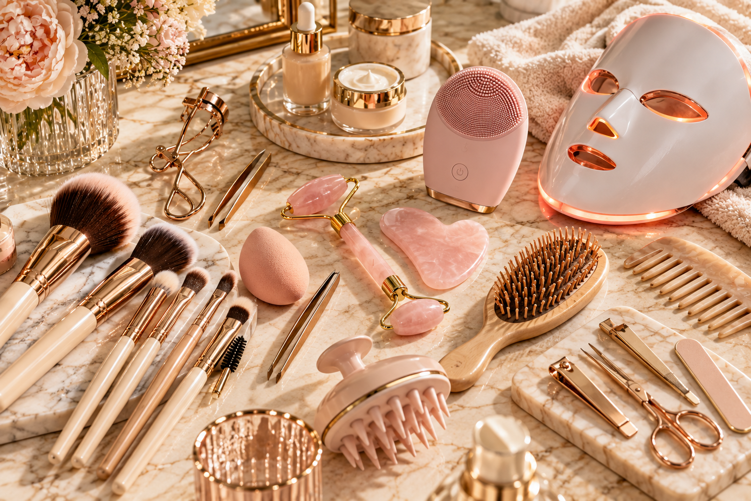 Luxury beauty tools including makeup brushes, facial roller, LED mask and cleansing brush