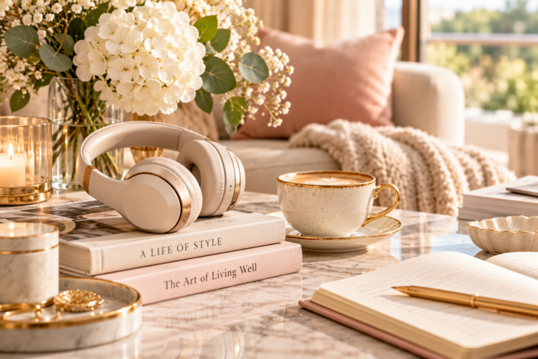 Cream headphones, books and a cappuccino on a marble table in a cosy reading nook.