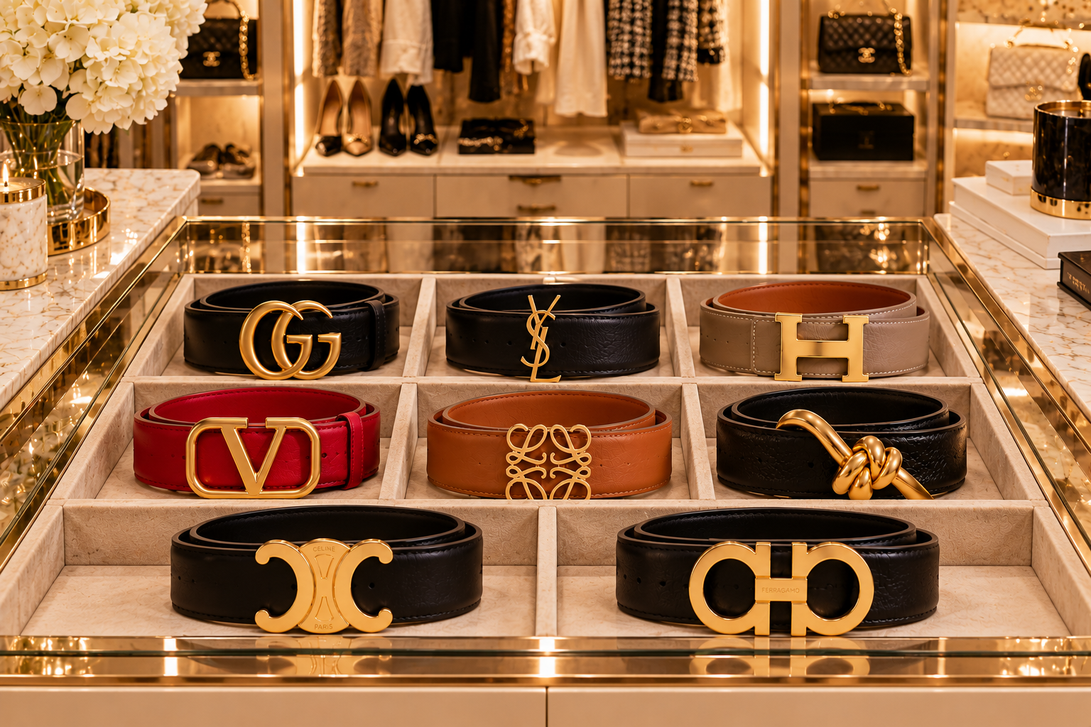Luxury designer belts arranged in a glass-topped wardrobe drawer inside an elegant walk-in closet.