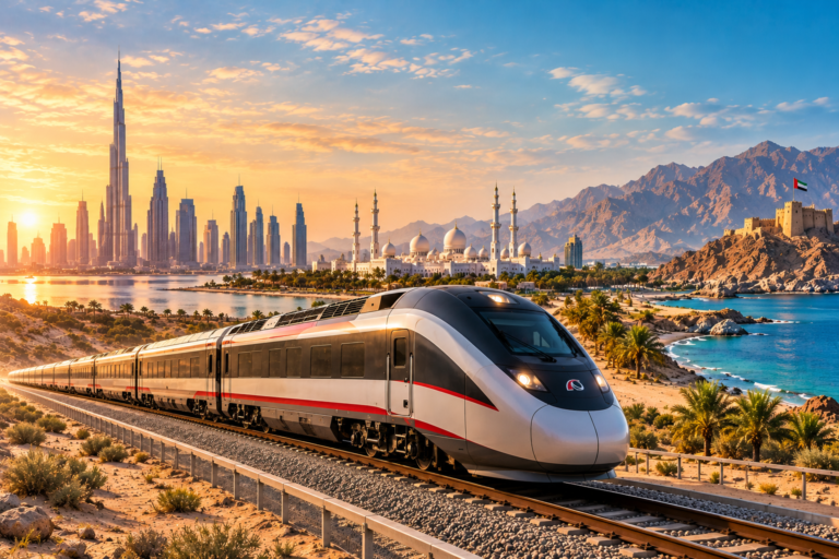 Etihad Rail passenger train travelling through a UAE landscape at sunset, with Dubai skyline, coastline and mountains in the background.