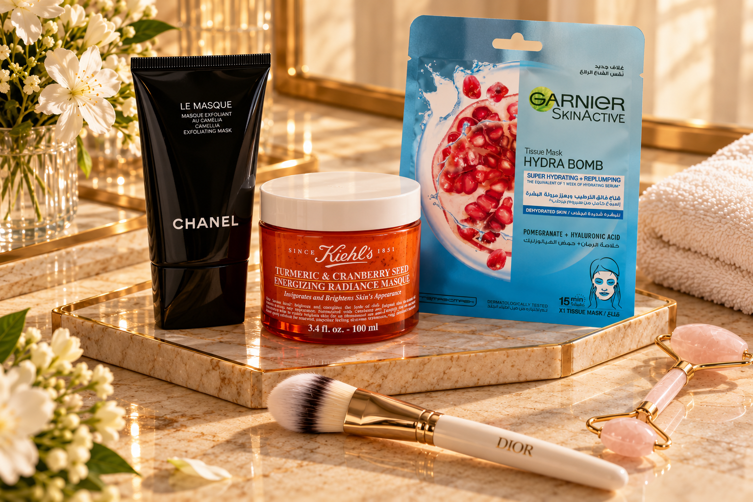Luxury and affordable face masks by CHANEL, Kiehl’s and Garnier arranged on a marble vanity with a facial brush and rose quartz roller.