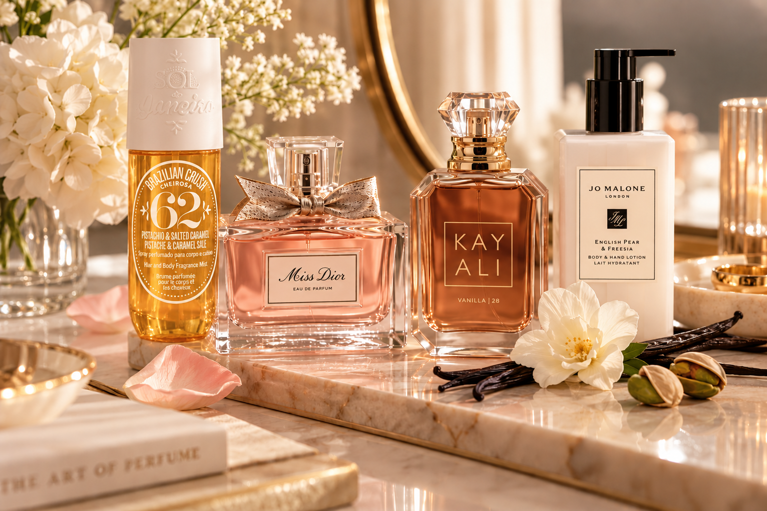 Sol de Janeiro Cheirosa 62 body mist, Miss Dior perfume, KAYALI Vanilla 28 perfume and Jo Malone English Pear & Freesia body lotion arranged on a luxury vanity.