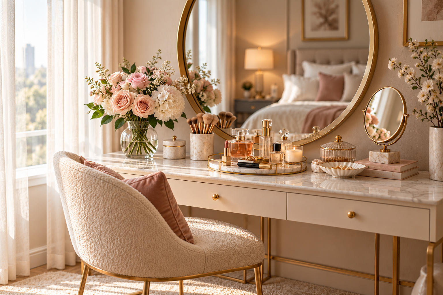 Elegant vanity table with a gold-framed mirror, perfume bottles, lipstick, mascara, makeup brushes and pink roses.