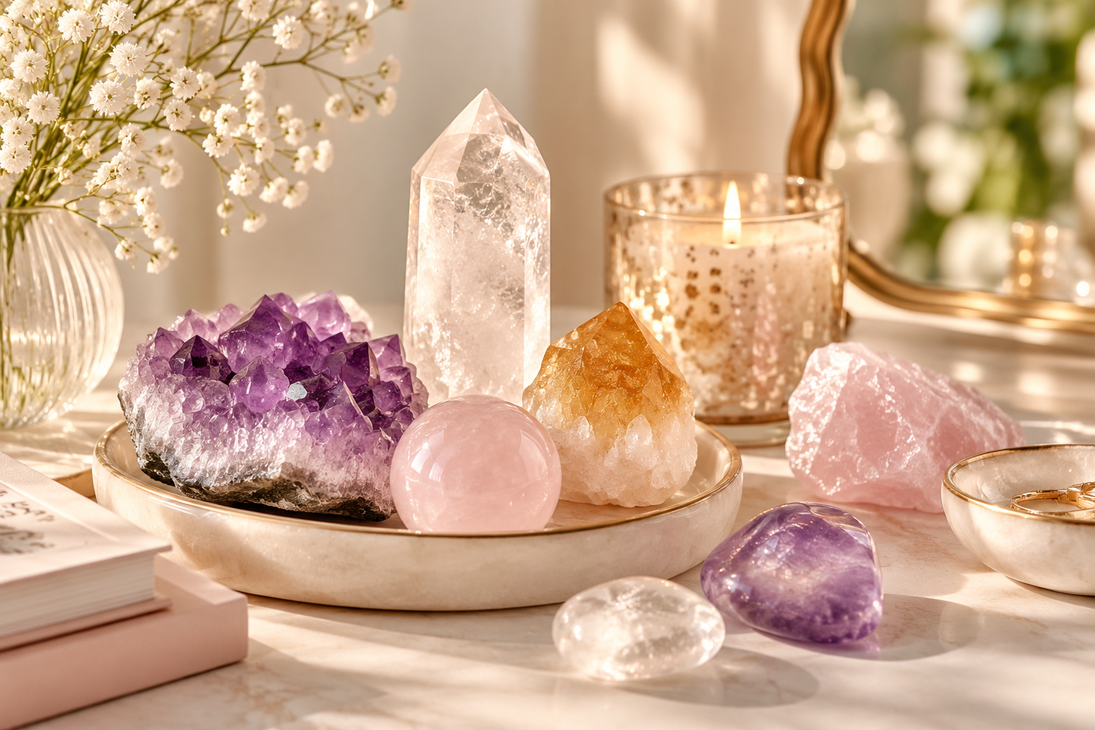 Amethyst, rose quartz, citrine and clear quartz crystals arranged on a cream marble surface beside a candle and gold accents.